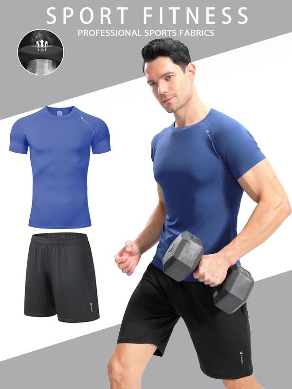 Two-Piece Set Men's Solid Color Sportswear Set, High Stretch Breathable Quick Drying Round Neck Short Sleeve Compression T-shirt & Pocket Design Drawstring Waist Gym Shorts, Casual Sportswear Set for Running Gym Workout 4