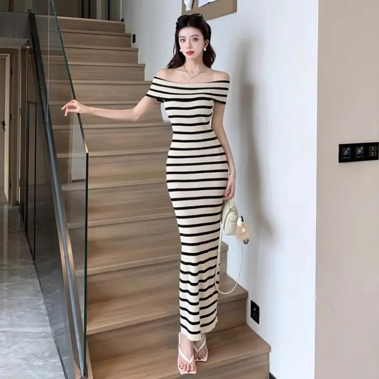 Korean Chic Color Block Striped Off-Shoulder Slim Fit Elegant Mature Style Knitted Dress for Women