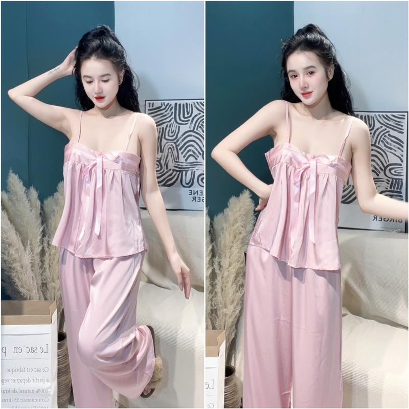 Đồ Bộ, Đồ Ngủ Áo 2 Dây Phối Nơ Quần Dài Chất Lụa Latin Mịn Mượt - Freesize Nhung Nữ 2