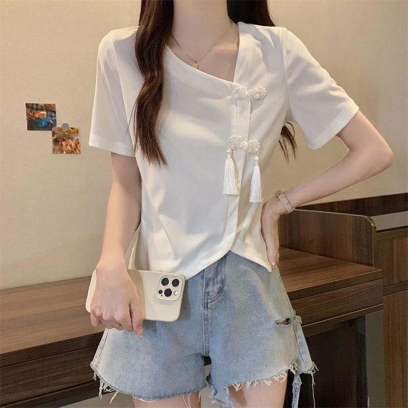 Product Introduction of Women's New Chinese Button Irregular Short T-shirt Fat Mm Cover Belly V-neck Top Womenswear Blouse Check Flat 14