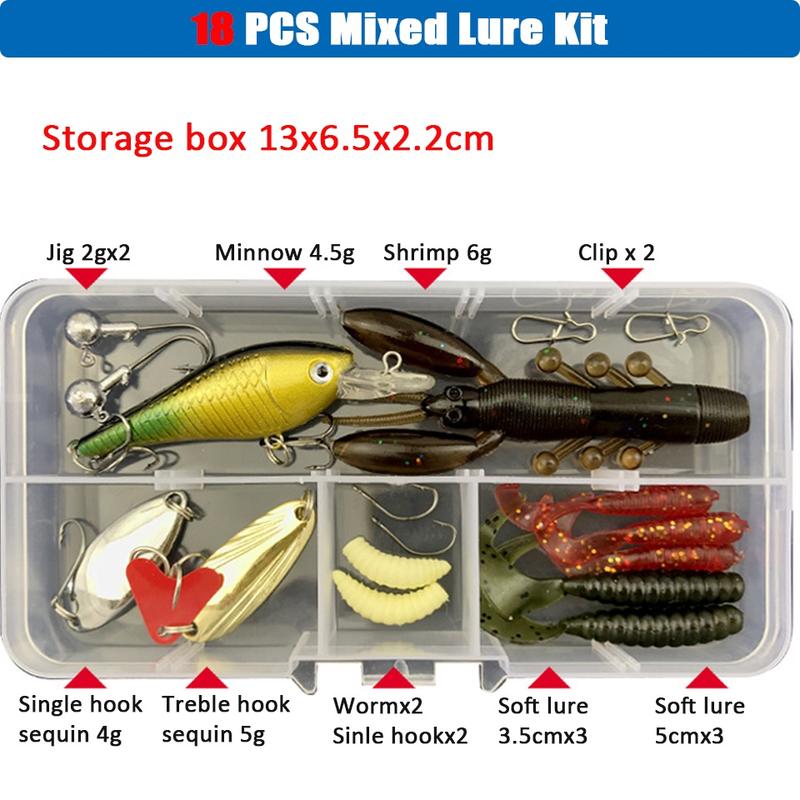 Product Introduction of Set Umpan Serbaguna, Luc-soft, 18 keping, Kit Plastik, Termasuk Umpan Logam, Alat Memancing Labuci Keras, Kotak Penyimpanan Tali Ikan Emas Guruh Outdoor Pancing 24
