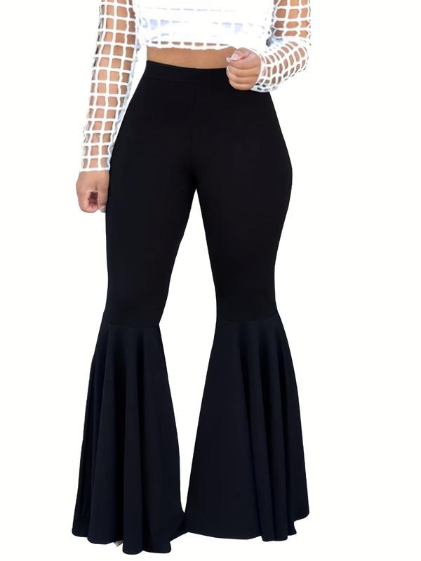 Plus Size Solid Elastic Waist Flare Leg Pants, Summer Clothes, Casual Bell Bottom Trousers for Daily Outdoor Wear, Women Plus Clothing for Summer 0