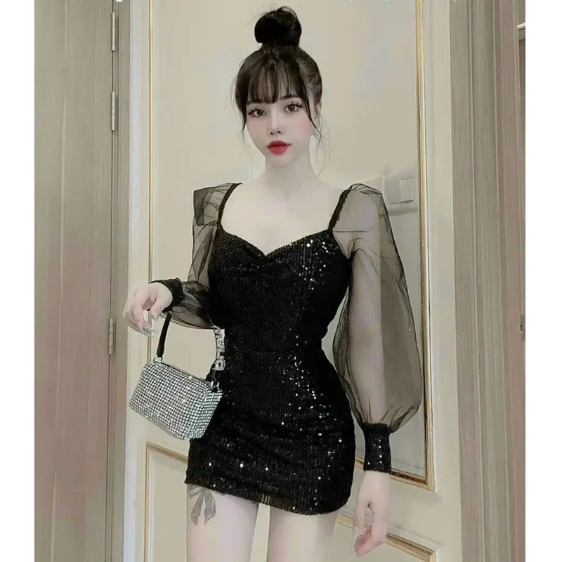 Đầm kim sa phối tay lưới thời trang nữ dự tiệc chất kim sa cổ vuông có mút có lót tay dài váy ôm body Nhung Dress 1