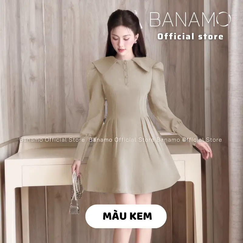 Váy nữ BIGSIZE Banamo Fashion đầm dài tay dáng xòe thiết kế chiết eo cổ ve tiểu thư thanh lịch 5903 5