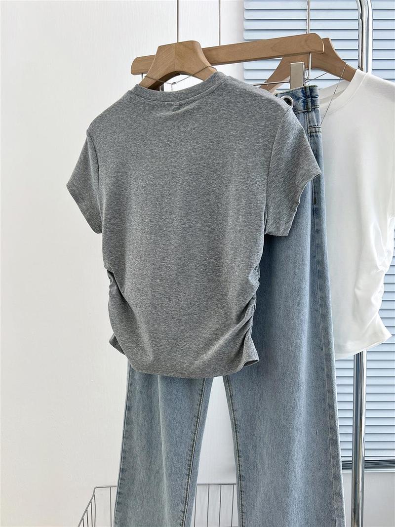 Product Introduction of Short pleated women's T-shirt waist design sweet short-sleeved summer cotton round neck top 22