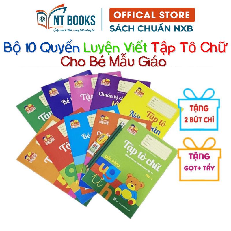  Bộ sách luyện viết tập tô chữ cho bé mẫu giáo mầm non - 10 quyển tặng 2 bút chì+ gọt+ tẩy 