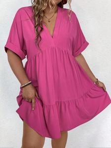 Vestido holgado de talla grande con cuello en V y manga murciélago, con dobladillo con volantes, Vestido casual de manga corta con cuello en V para uso exterior, Vestidos para mujeres, Ropa para mujeres plus, Vestidos de verano 2024
