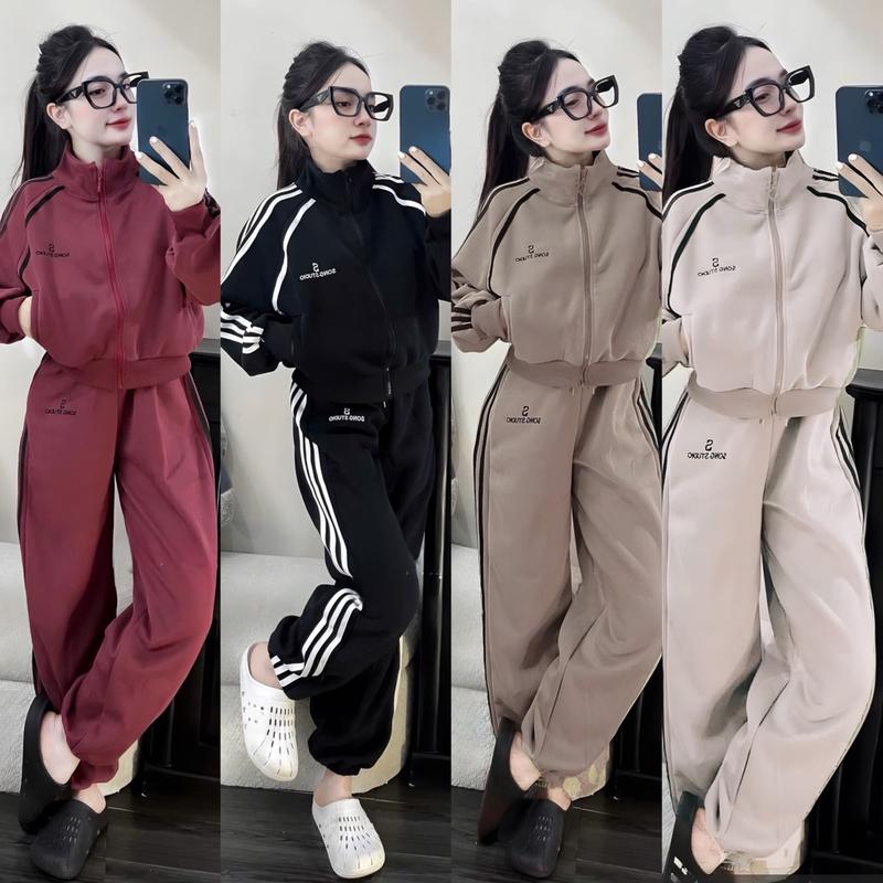Bộ Đồ Nữ Áo Dài Tay Khoá Kéo Chữ Mix Quần Dài Phối Kẻ - Hoàng Linh Clothing SB 86