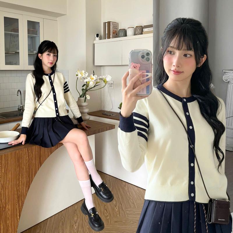 DELIZ - Áo khoác cardigan tone xanh thiêt kế cổ tròn viền tay nổi bật chất len mềm CD845