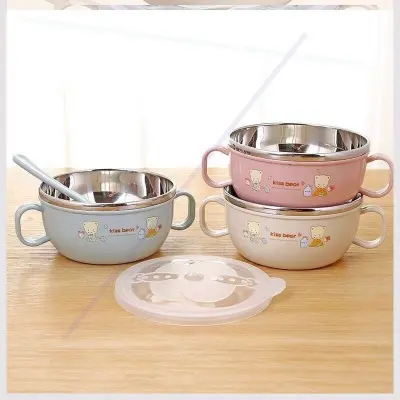 Bát Ăn Dặm Inox 2 lớp Cách Nhiệt Cho Bé Có Tay Cầm Nắp Đậy Kèm Thìa Muỗng, Chén ăn cháo, Bát Ăn Cơm Kem