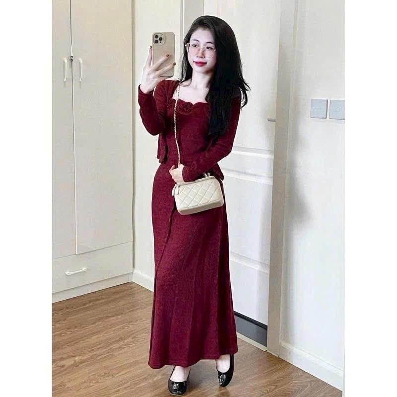ĐẦM THUN TĂM LẠNH 2 DÂY DÁNG DÀI QUA GỐI ĐÍNH BÔNG KÈM KHOÁC TAY DÀI TÔN DÁNG 5