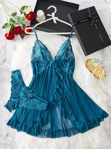Conjunto de camisón con volante y lazos y braguita para mujer, conjunto de 2 piezas, camisón con encaje floral transparente y braguita cómoda y con vuelo