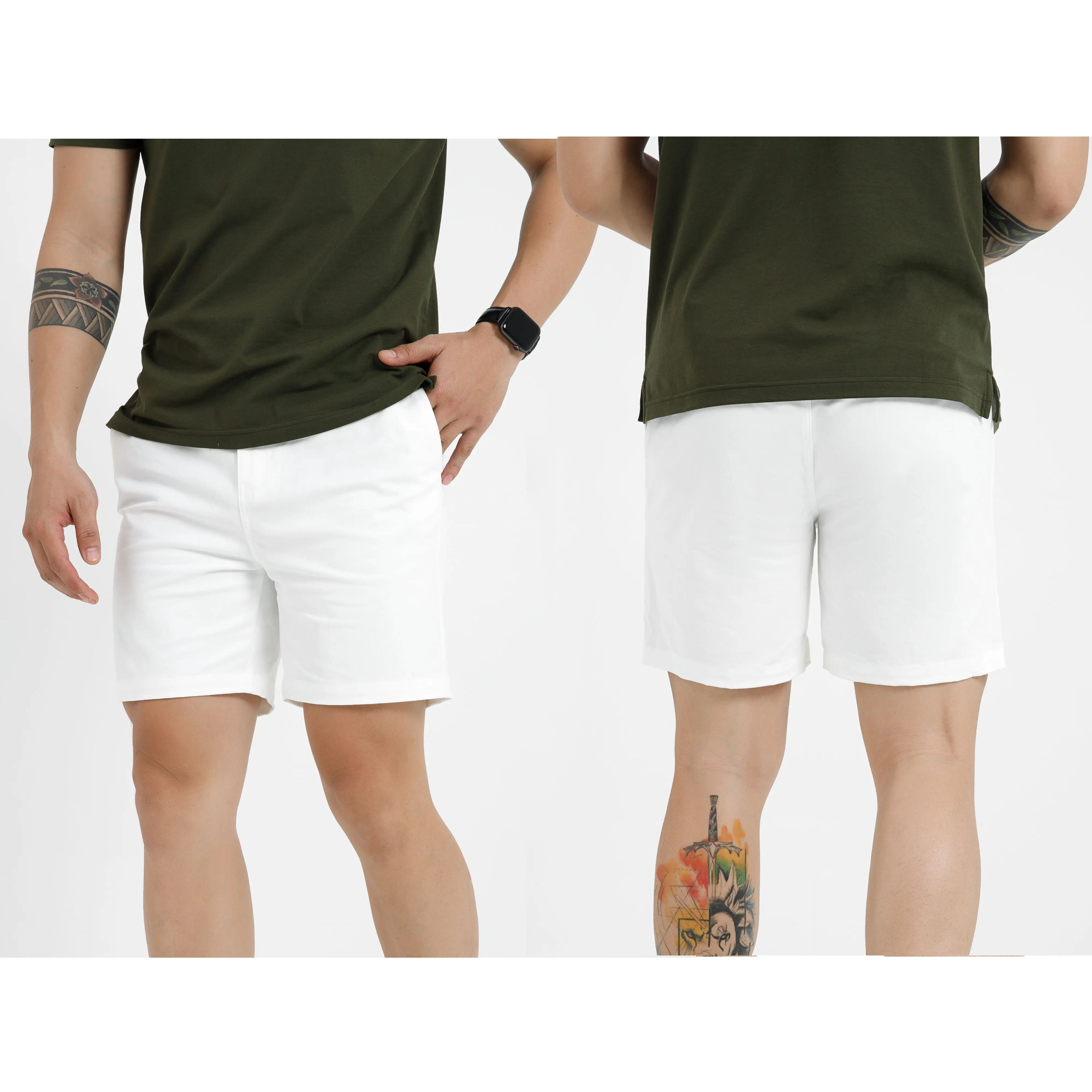 Quần short kaki 4 màu dễ phối đồ form trên gối, phong cách trẻ trung cá tính Menswear Nam Có Túi Trắng 【 mix geora 】 màu nâu thường Khóa kéo Khaki