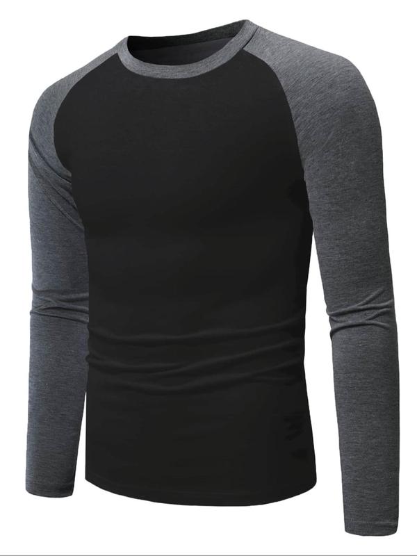 Men's Colorblock Raglan Sleeve Round Neck Tee, Casual Long Sleeve T-shirt for All Seasons, Fashion Men's Top for Daily Wear 7