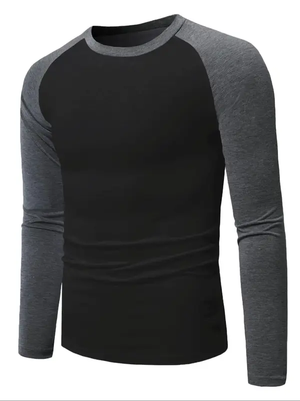 Men's Colorblock Raglan Sleeve Round Neck Tee, Casual Long Sleeve T-shirt for All Seasons, Fashion Men's Top for Daily Wear 7