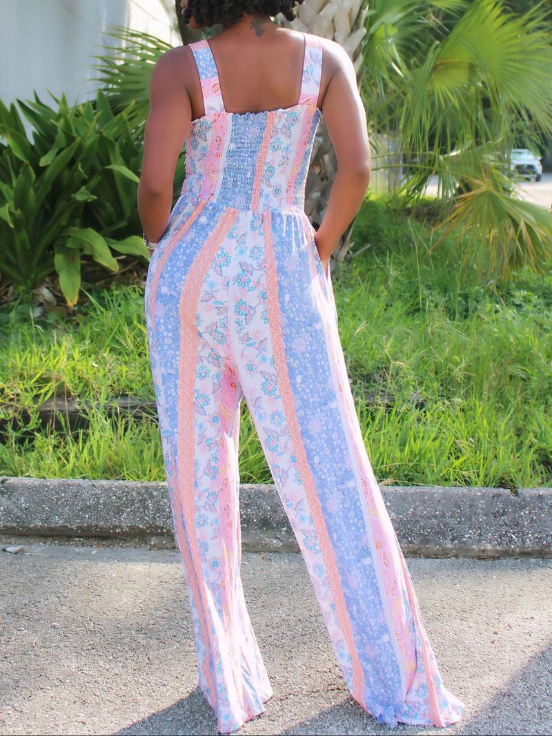 Product Introduction of Women's Ethnic Pattern Shirred Pocket Jumpsuit, Boho Sleeveless Jumpsuit for Beach Holiday Vacation, Ladies Summer Clothes 3