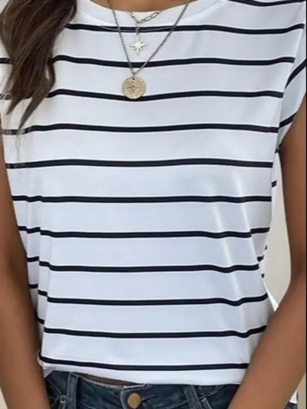 Women's Striped Print Tank Top, Casual Button Decor Round Neck Top for Summer, Ladies Clothes for Daily Wear 3