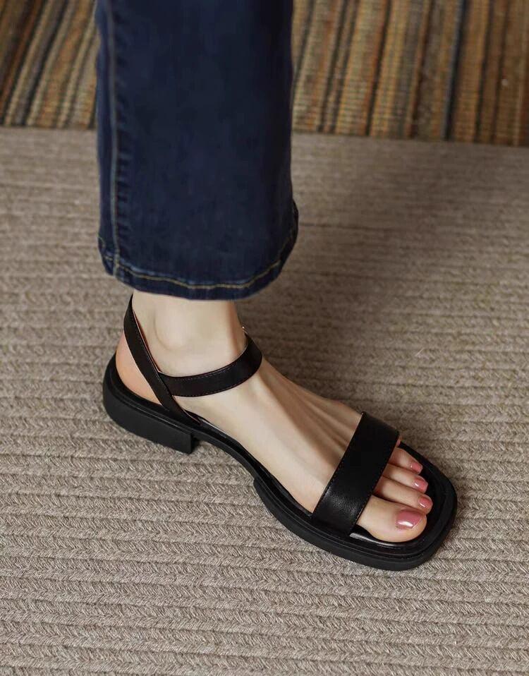 Product Introduction of Soft bottom low heel real leather flat bottom Roman style sandals for Women large size slip-on summer shoes comfortable 12