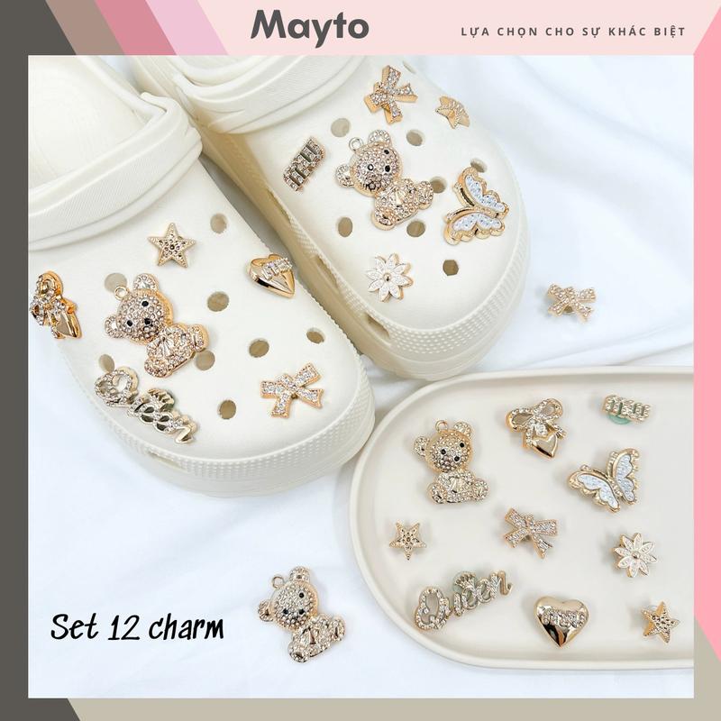 Bộ 12 Sticker Charm 3D Queen Bear bling nhựa cứng gắn Dép Dép Sục Cá Sấu MayTo JB-307
