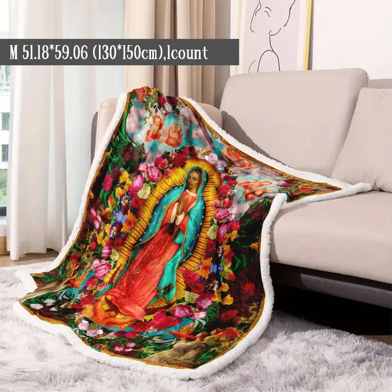 Floral & Virgin Mary Pattern Blanket, 1 Count Soft Warm Throw Blanket, Air-conditioned Room Blanket, Warm Nap Blanket for Home & Office 5
