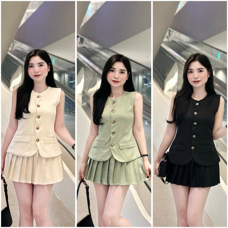 Set áo khoác dạ tweed 2 lớp sát nách vest blazer gile mix chân váy xếp ly dáng ngắn 3 tone màu nhẹ nhàng thanh lịch dễ thương
