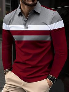 Polo de manga larga con estampado de retazos para hombre, Camisa informal de cuello con botones y corte normal para otoño e invierno, Ropa de hombre para el día a día
