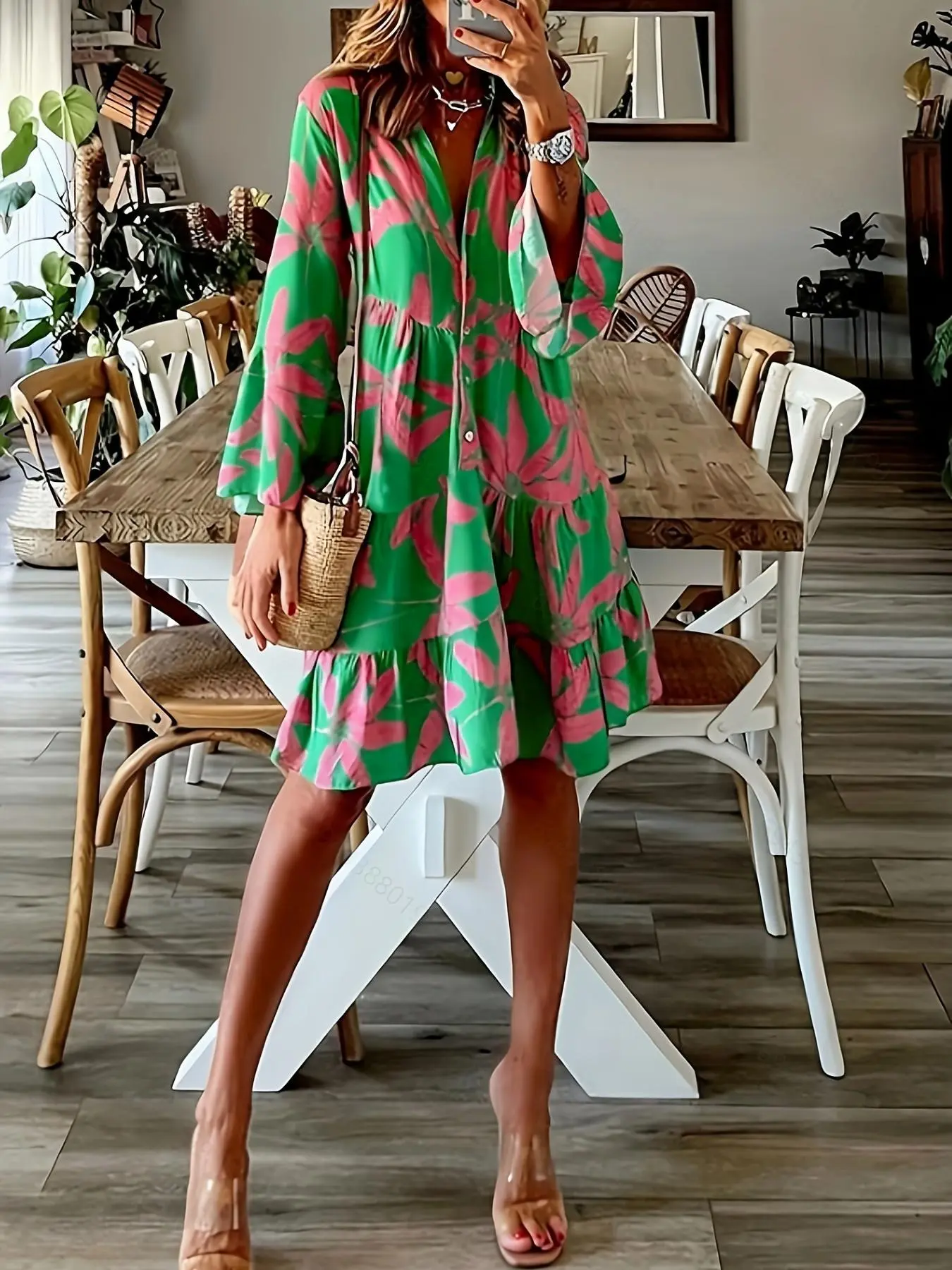 Women's Leaf Print Button Front Ruffle Hem Smock Dress, Boho V Neck Flounce Sleeve Short Dress for Beach Holiday Vacation, Ladies Clothes for All Seasons