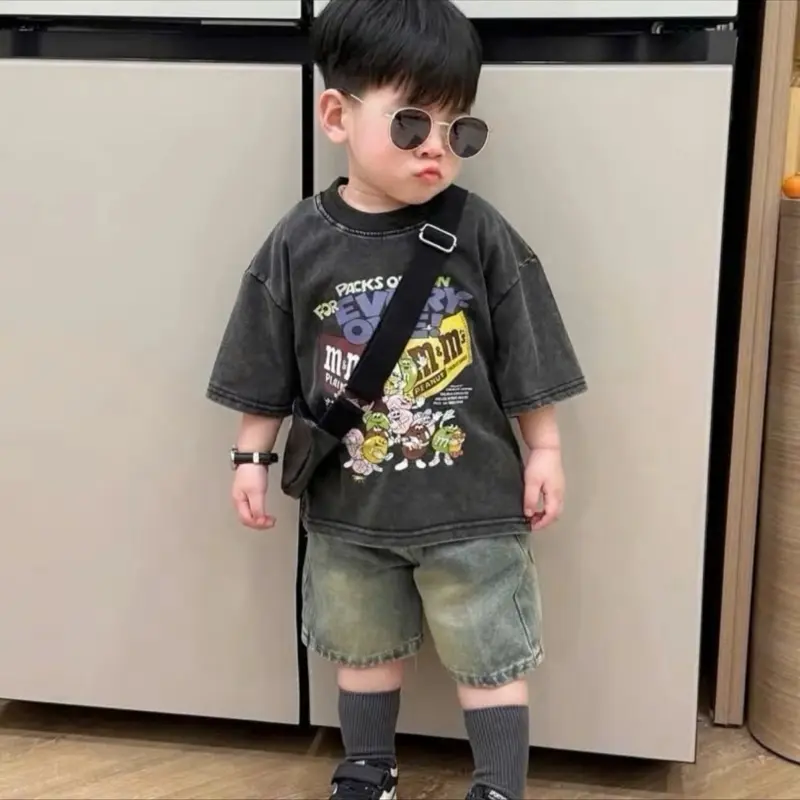 [Ankids] Bộ áo cotton khô M&M in hình 3D, quần jeans mềm cạp chun, có túi hậu 10-30kg