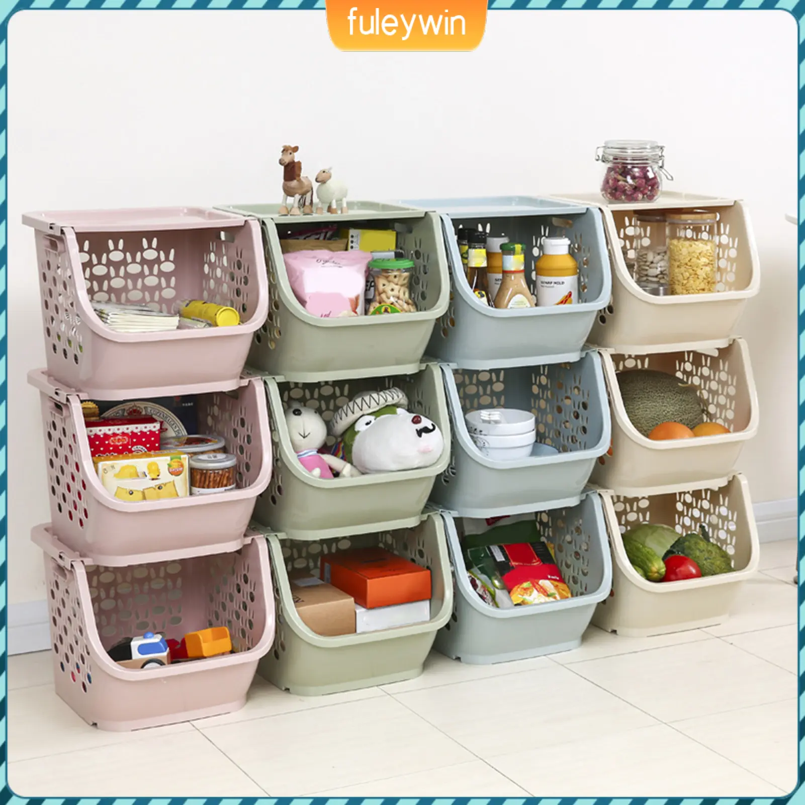 Bakul simpanan boleh tindanan Fuleywin, pemegang pembawa penjimatan ruang, reka bentuk berongga, rak pengatur buah-buahan dan sayur-sayuran dapur berkapasiti tinggi, bekalan rumah, 1 Set