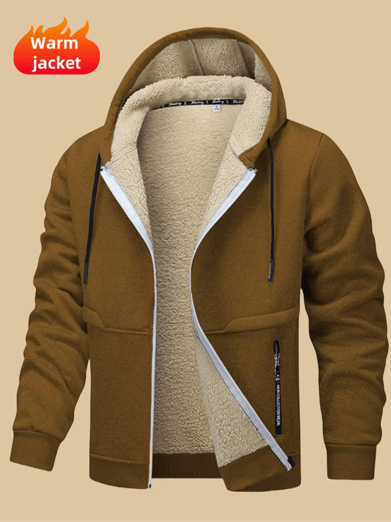Men's Regular Fit Solid Pocket Drawstring Zip Up Fleece Hooded Jacket, Casual Long Sleeve Zip Front Outerwear for Fall & Winter, Men's Clothes for Daily Wear, Coat