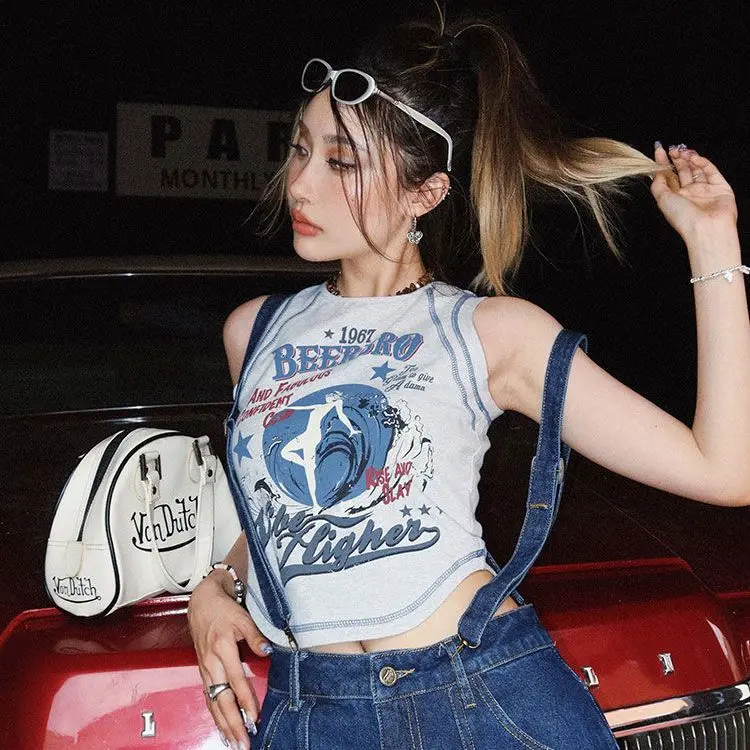 Sleeveless Short Sleeve New Korean Style American Retro Design Sexy Vest for Women Summer Personality Hem Arc Sleeveless Top