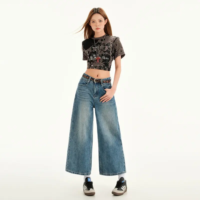 American Style Waist Wide Leg Cropped Jeans for Women 2025 Spring Summer New Vintage Washed Loose Straight Pants