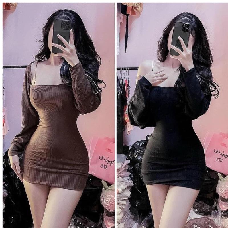 Đầm body 2 dây phom ngắn kèm áo khoác chất thun gân thích hợp mặc đi làm đi chơi phù hợp với mọi phong cách