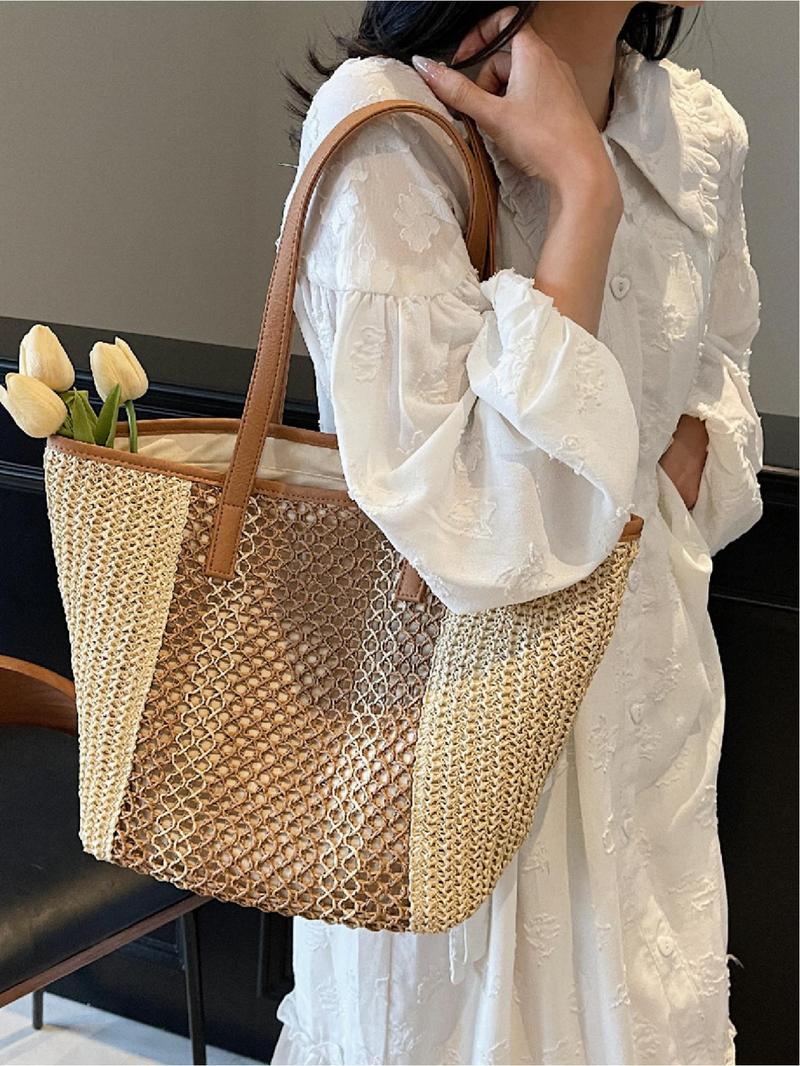 Product Introduction of Women's Fashionable Colorblock Straw Bag, Large Capacity Shoulder Bag for Women & Girls, Casual Trendy Versatile High-quality Daily Commuting Bag, Girl Fashionable Shopping Bag 3