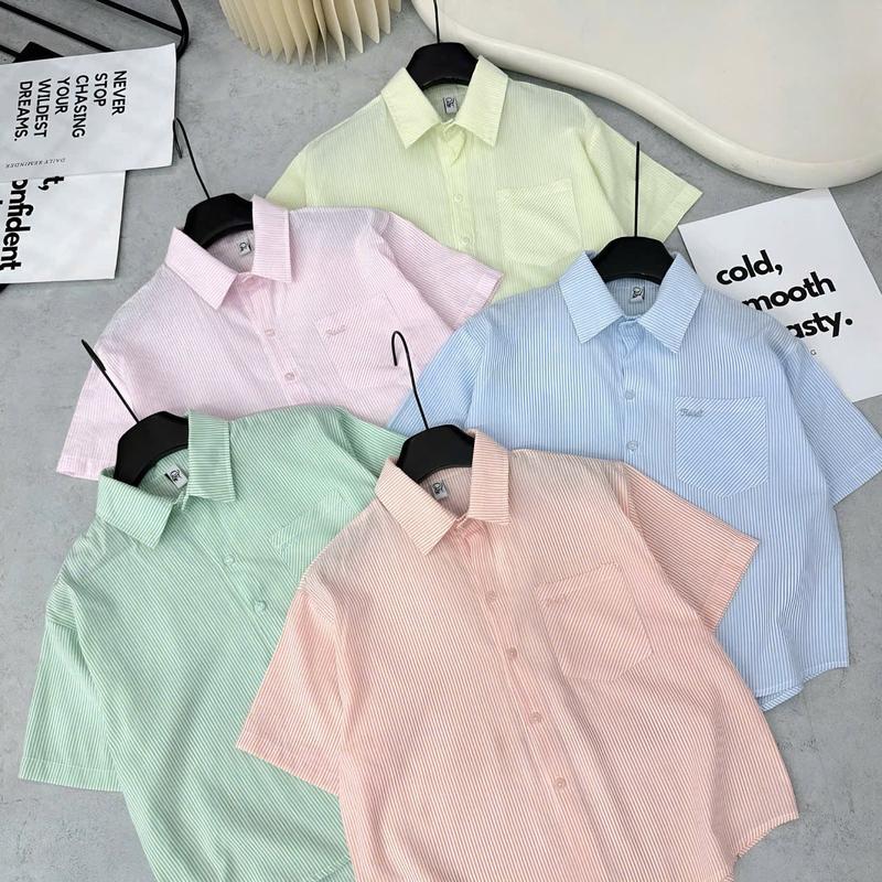 Áo Croptop Tay Ngắn Nữ Kẻ Sọc Nhí Pastel Dễ Thương, Sơ Mi Croptop Cộc Tay Form Vừa Vặn