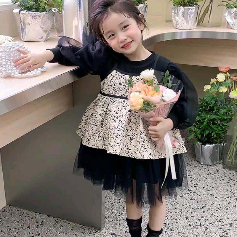 8-26kg_ Sét Váy Hoa Nhí Đen, Kèm Áo Cho Bé Gái