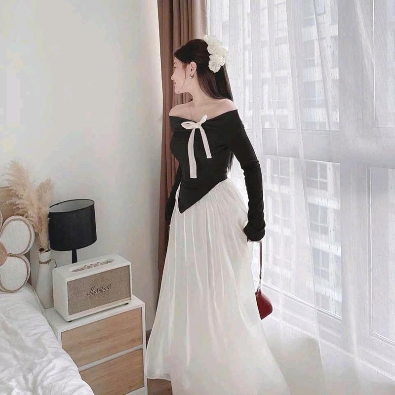 Set áo trễ vai đính nơ tay dài kèm chân váy tơ lụa dáng dài Nữ Voi Kem Women Thun 6