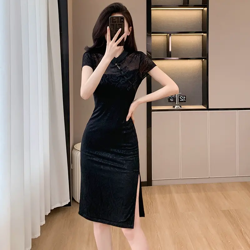 Summer Mesh Stitching Rose Print See-through Elegant Slim Fit Slit Cheongsam Dress maxi