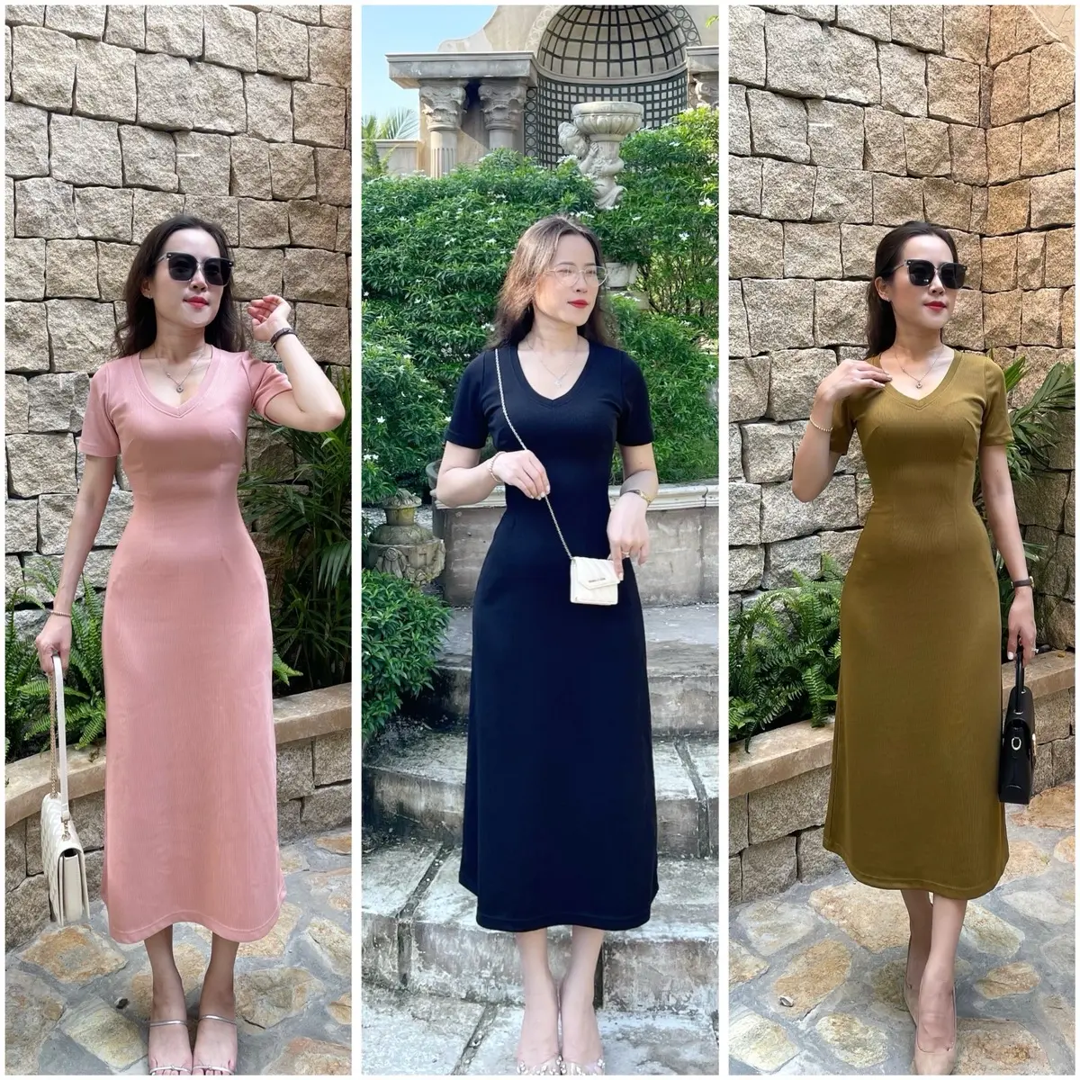 ĐẦM THUN BODY Cổ Tim dáng Midi size 45-65kg  , vải thun sọc Ruby dày dặn mát mịn không xù vải , mặc ở mọi nơi -H.A.N Store dành cho nữ Women Dress Kem Voi Voan vay  body bau vaytet