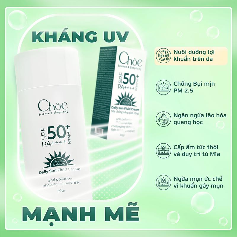 Kem chống nắng phổ rộng Choe SPF 50+ PA++++ - Chống UVA, UVB & Ánh sáng xanh - Ngăn ngừa lão hóa, chống bụi mịn