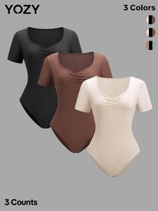 YOZY Women's Solid Sweetheart Neck Ribbed Bodysuit, Casual Basic Tight Sleeve Bodysuit for Summer, Ladies Clothes for Daily Wear