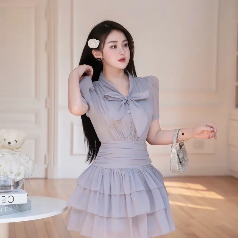 Lali_váy tơ xốp xoè tầng buộc nơ cổ cúc bọc sang chảnh_Ll060 6
