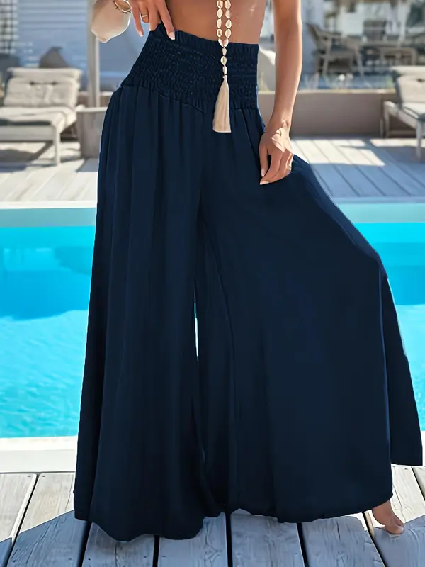 Women's Plain Shirred Wide Leg Pants, Loose Fit Boho Casual High Waist Trousers for Beach Vacation Holiday, Fashion Ladies Summer Clothes, Womenswear, Baggy Legged Pants 3