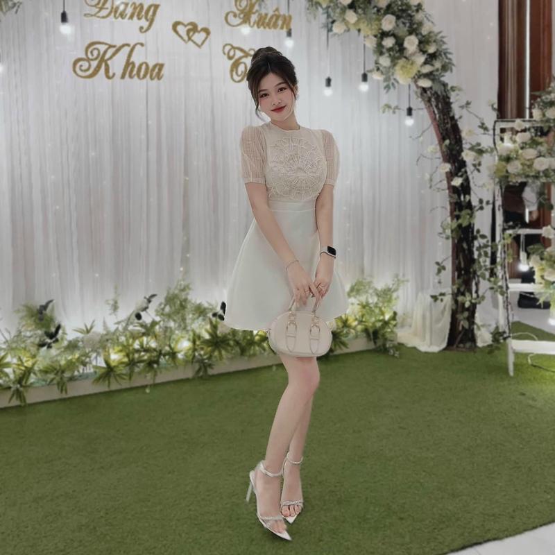 Đầm tafa phối lưới ô đính vòng ngọc Amy xinh xắn Dress Nữ Váy Trắng Voan ưu tiên bộ sưu tập màu vàng thanh lịch vá y dạ o phố đen m đóng ngọc váy thường mặc ưu điểm đính viền ren chỉ giặt tay khóa kéo đáng yêu đường thêu