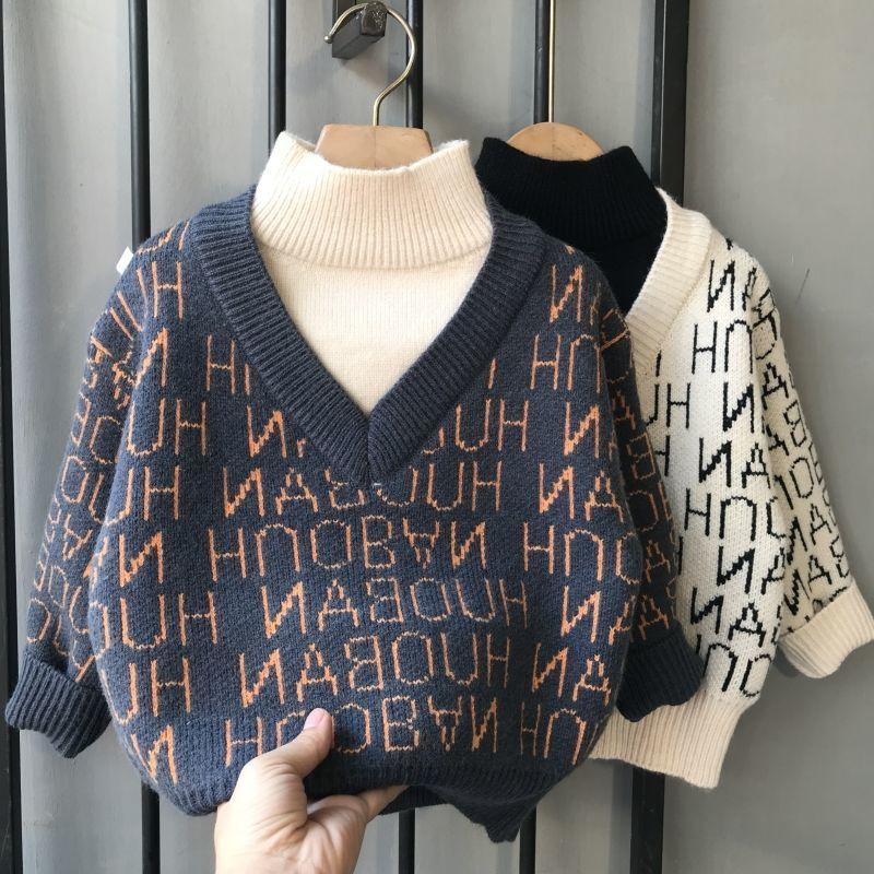 Quần Áo Bé Trai, Bộ Đồ Hai Mảnh Giả, Áo Sơ Mi Lớp Nền Cao Cổ Nửa, Hàng Mới Về Mùa Thu Và Mùa Đông, Áo Len Trẻ Em, Áo Len Dày 0