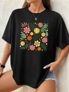 ImprinTee Women's Cartoon Floral Print Round Neck Tee, Fashion Casual Short Sleeve T-shirt, Ladies Summer Clothes for Daily Wear