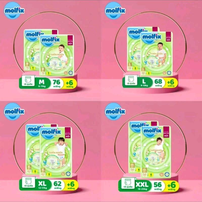   Combo 2 Bịch  Bỉm tã quần Molfix Oganic mẫu mới siêu mỏng khô thoáng bịch Siêu đại M76+6 L68+6 XL62+6 XXL56+8 Cho Bé Bỉm Quần 