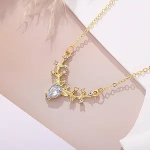 Kalung Aksen Mutiara Imitasi Warna Silver Model Tanduk Rusa Zircon Elegan Korea Aksesoris Fashion KS030
