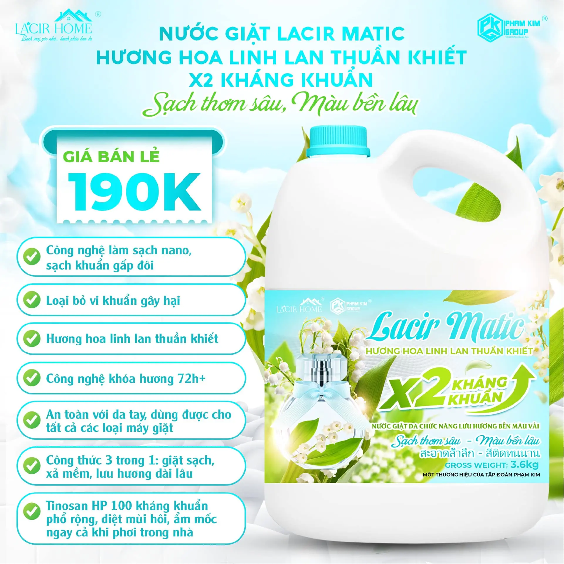 Free Shipping Nước giặt xả Lacir Matic 3600gr