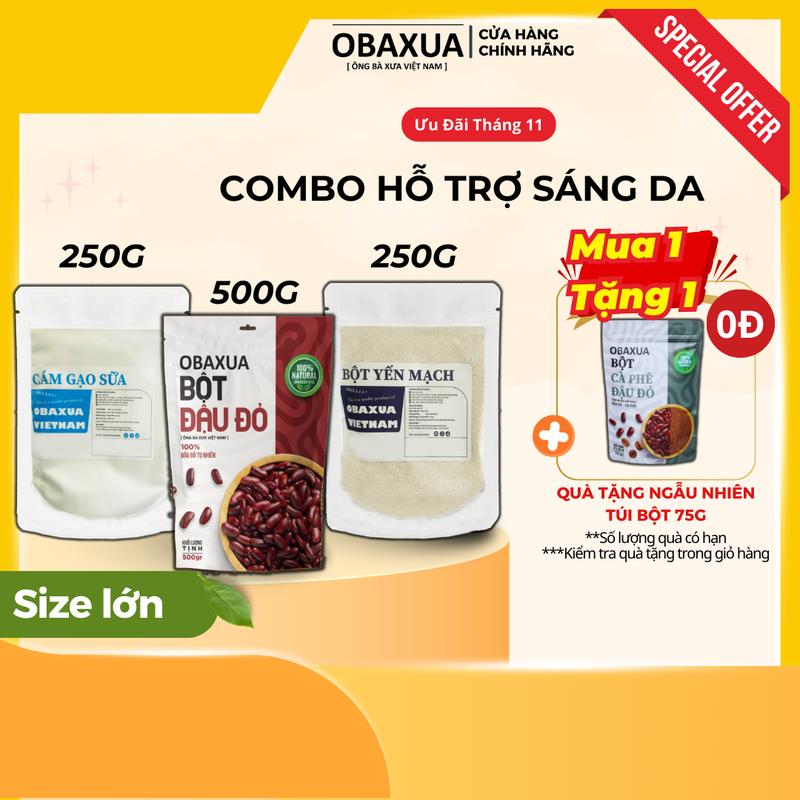 Combo 3 Túi Bột Obaxua Size Lớn: [ Bột Đậu Đỏ 500g, Bột Yến Mạch 250g, Bột Cám Gạo 250g ] - Làm Đẹp Da Nữ, Mặt Nạ Đắp Hỗ Trợ Dưỡng Da